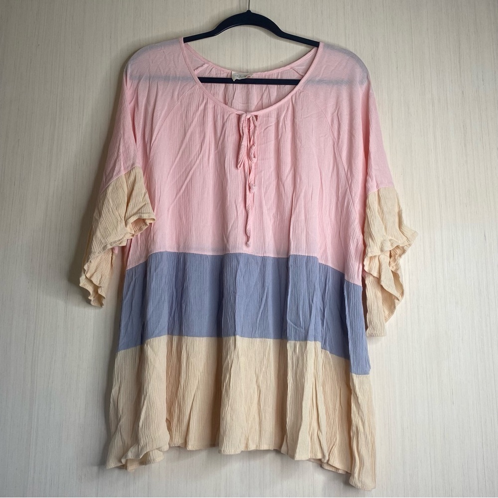 143 Story By Line Up Color-block Tye Front Women’s Shirt Pink/Blue/Cream 2X